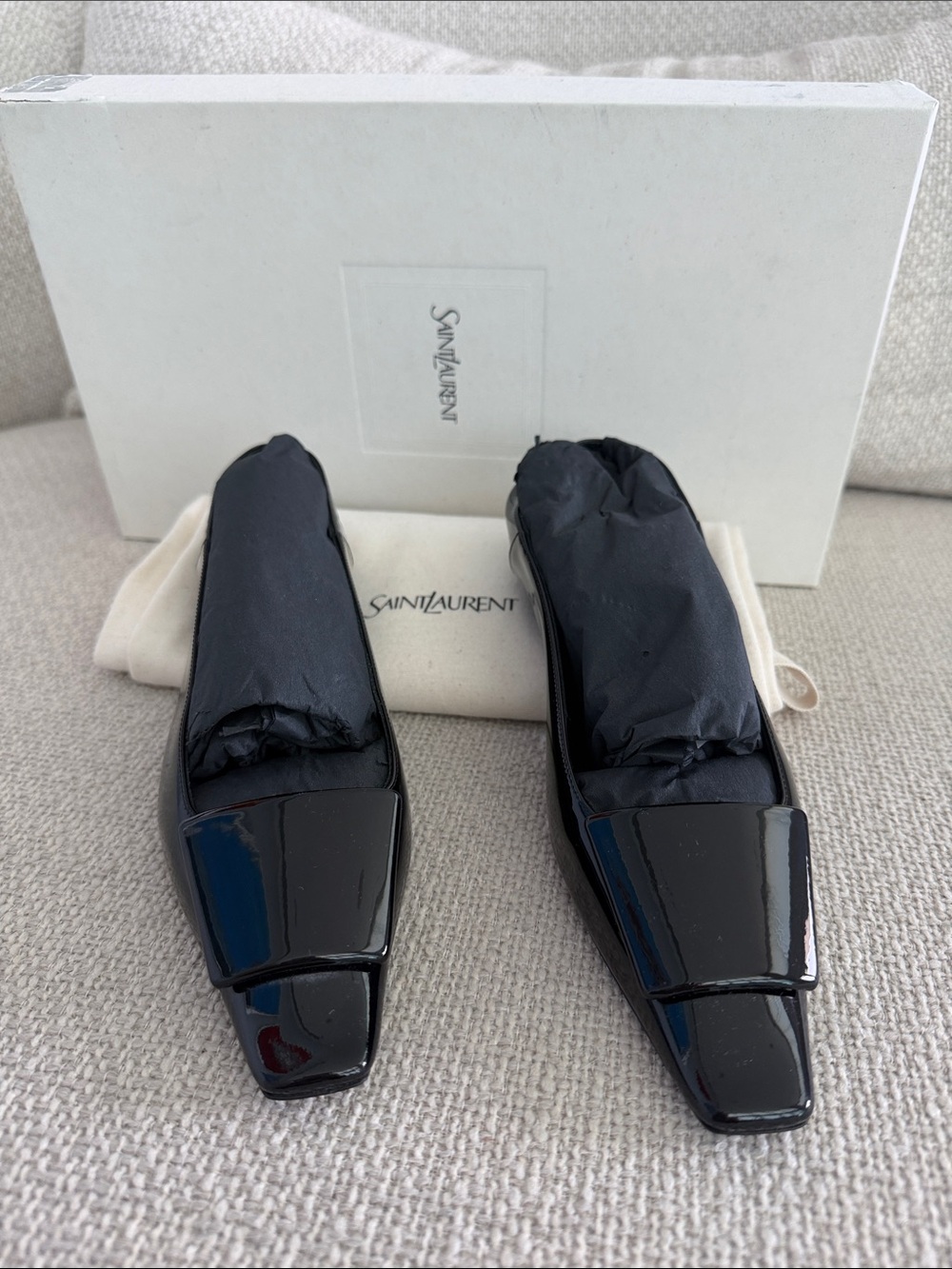 Saint Laurent Black Patent Square-Toe Slip-On Flats